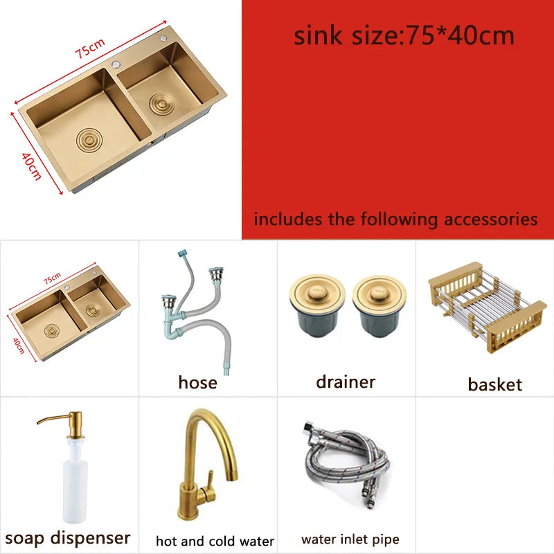 Gold Kitchen Sink Above Counter or Undermount double Bowl Goldn Basket Drainer Soap Dispenser Washing Basin 304 Stainless Steel