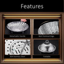 LFGB Certificate 304 Stainless Baozi Steamer Foldable Food Steaming Tray with 4cm Height Rack and 3mm Holes Detachable Handle