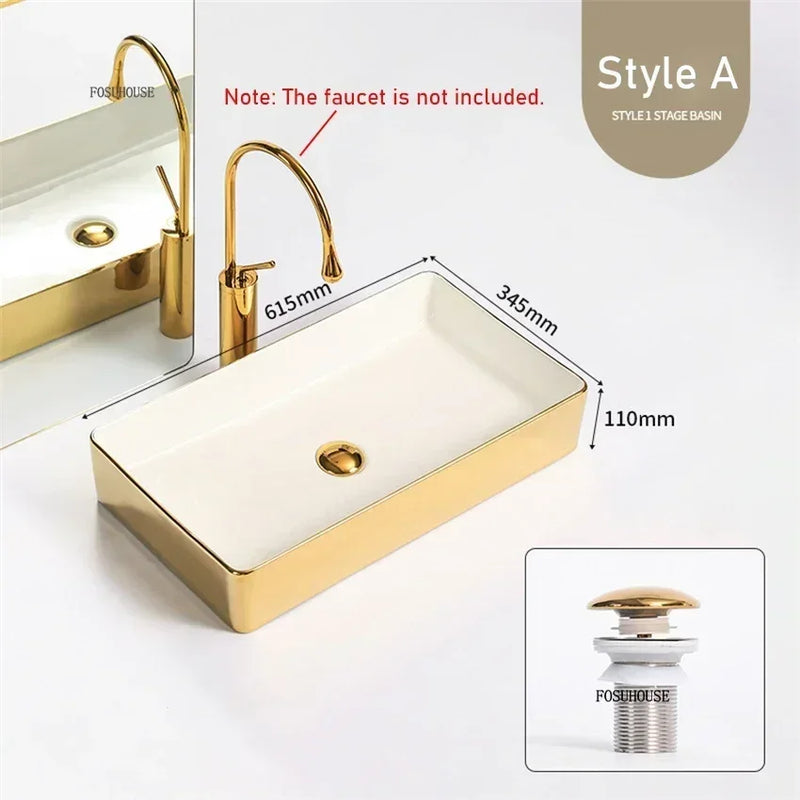 Luxury Gold Ceramic Tabletop Bathroom Sinks Home Hotel European Minimalist Household Washbasin Square Bathroom Wash Basins d