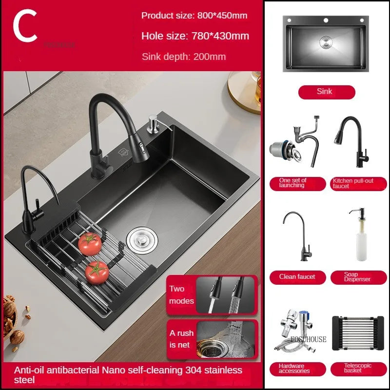 German Nano Sinks for Apartments Black Metal Three-hole Drain Kitchen Sink Light Luxury Household Kitchen Sink for Rental Houses