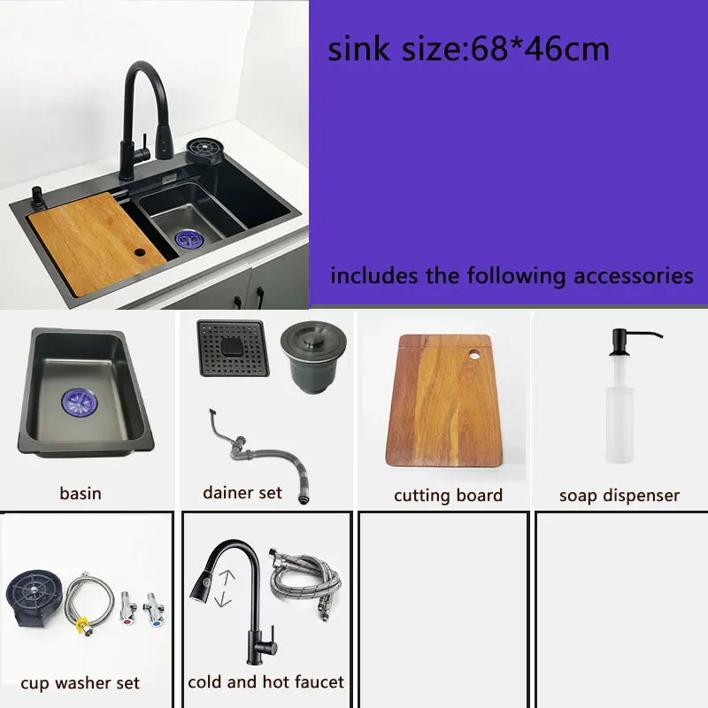 Matte Black Nano Kitchen Sink Above Mount Washing Basin with chopping board 304 Stainless Steel Single black kitchen sink