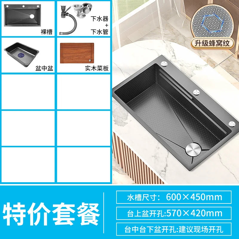 Honeycomb Embossed 304 Stainless Steel Sink, Kitchen Sink 304 Large Single Sink, Thickened Vegetable Basin, Dishwasher
