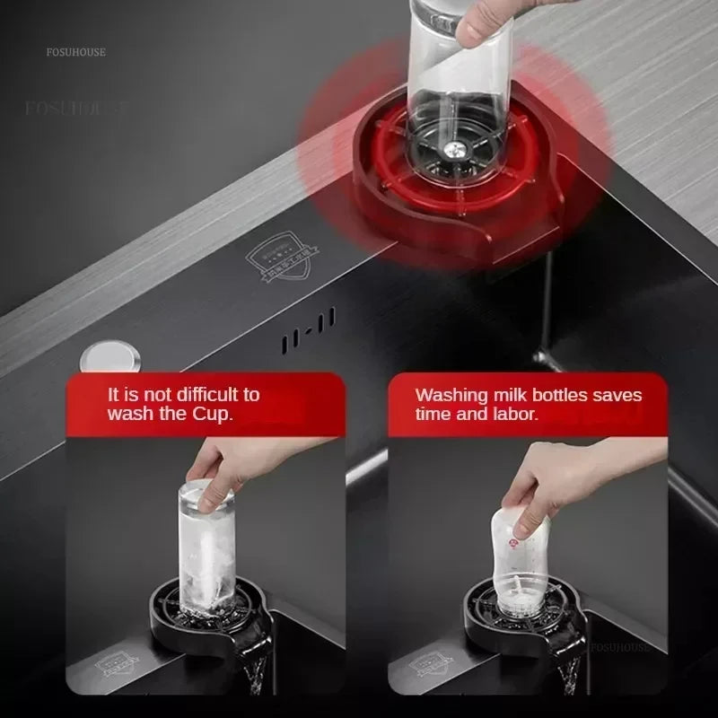 German Nano Sinks for Apartments Black Metal Three-hole Drain Kitchen Sink Light Luxury Household Kitchen Sink for Rental Houses