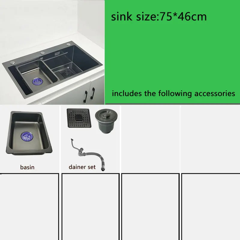 Matte Black Nano Kitchen Sink Above Mount Washing Basin with chopping board 304 Stainless Steel Single black kitchen sink