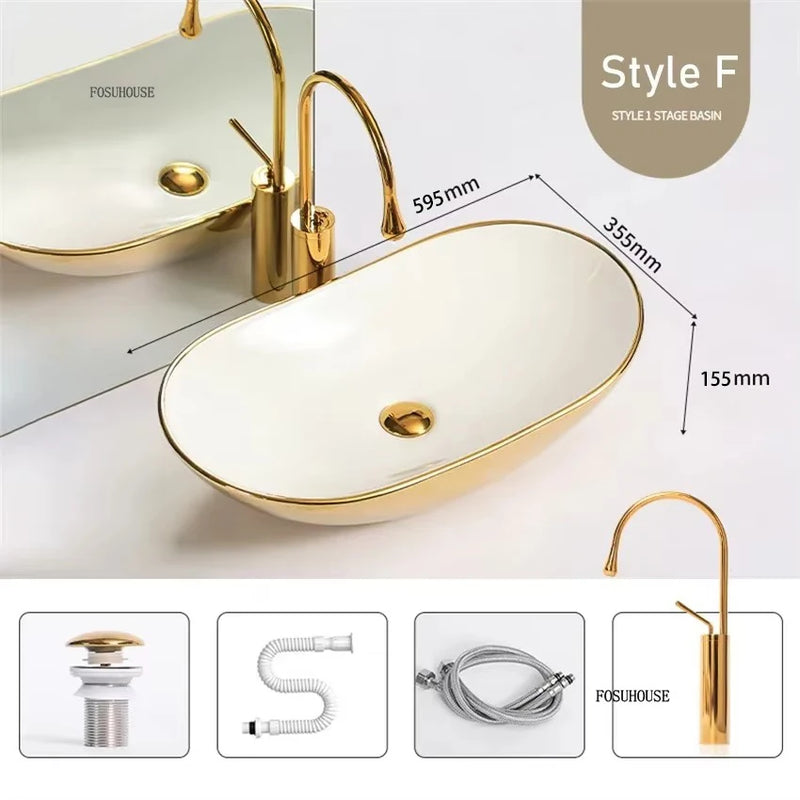 Luxury Gold Ceramic Tabletop Bathroom Sinks Home Hotel European Minimalist Household Washbasin Square Bathroom Wash Basins d