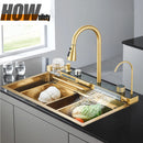 Brushed Gold Waterfall Sink Kitchen Intelligent Digital Display Temperature Control Large Single Slot pull Out Faucet Pure Water