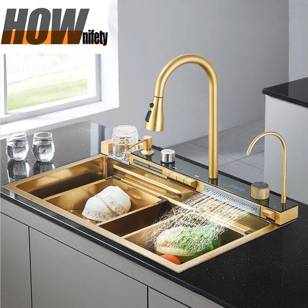 Brushed Gold Waterfall Sink Kitchen Intelligent Digital Display Temperature Control Large Single Slot pull Out Faucet Pure Water
