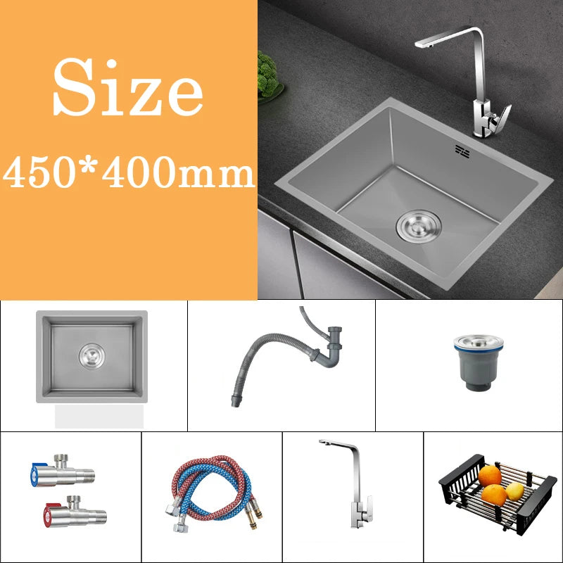 Small Gray Kitchen Sink Above Counter or Undermount 304 Stainless Steel Single Bowl Washing Basin Drain Accessories for Kitchen