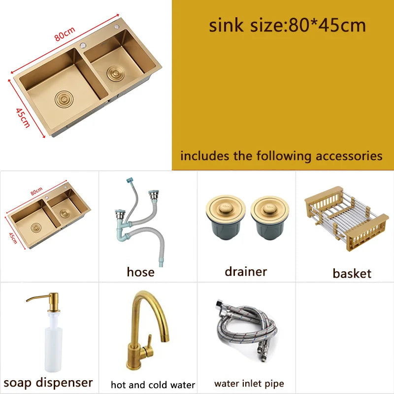 Gold Kitchen Sink Above Counter or Undermount double Bowl Goldn Basket Drainer Soap Dispenser Washing Basin 304 Stainless Steel