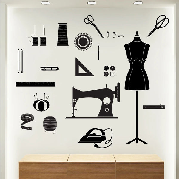 Creative sewing tools sticker for living room tailor's shop decoration self adhesive wall art decal