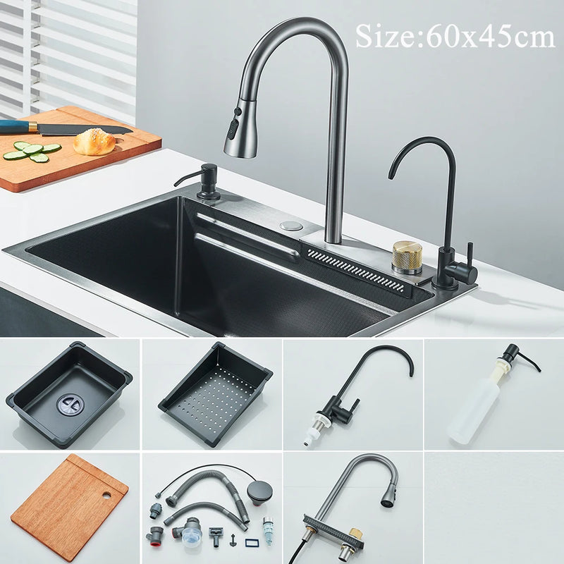 Kitchen Sink Faucet Large Integrate Digital Display Multi-Function Buttons Waterfall Soap Dispenser Cup Washer Kitchen Sink