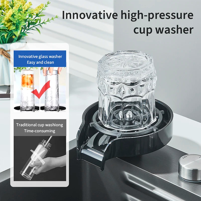 Hownifety Waterfall Sink Kitchen Stainless Steel Topmount Sink Large Single Slot Wash Basin With Multifunction Waterfall Faucet