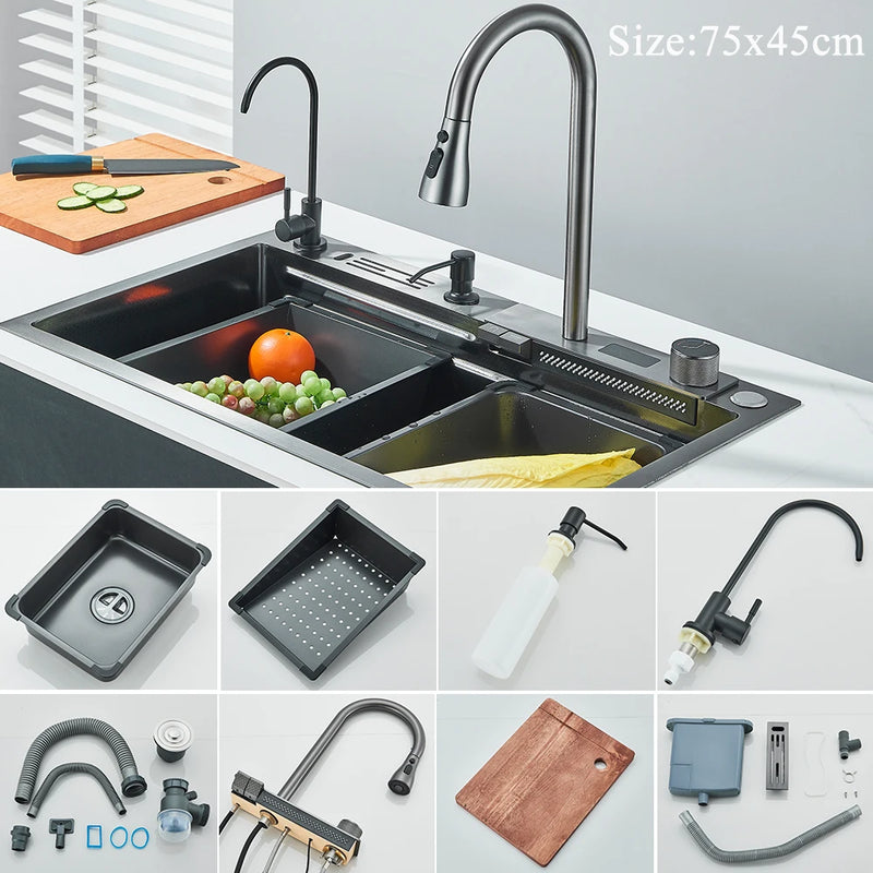Kitchen Sink Faucet Large Integrate Digital Display Multi-Function Buttons Waterfall Soap Dispenser Cup Washer Kitchen Sink