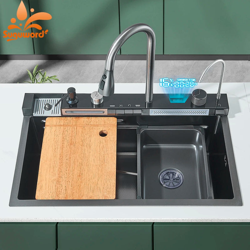 Kitchen Sink Faucet Large Integrate Digital Display Multi-Function Buttons Waterfall Soap Dispenser Cup Washer Kitchen Sink