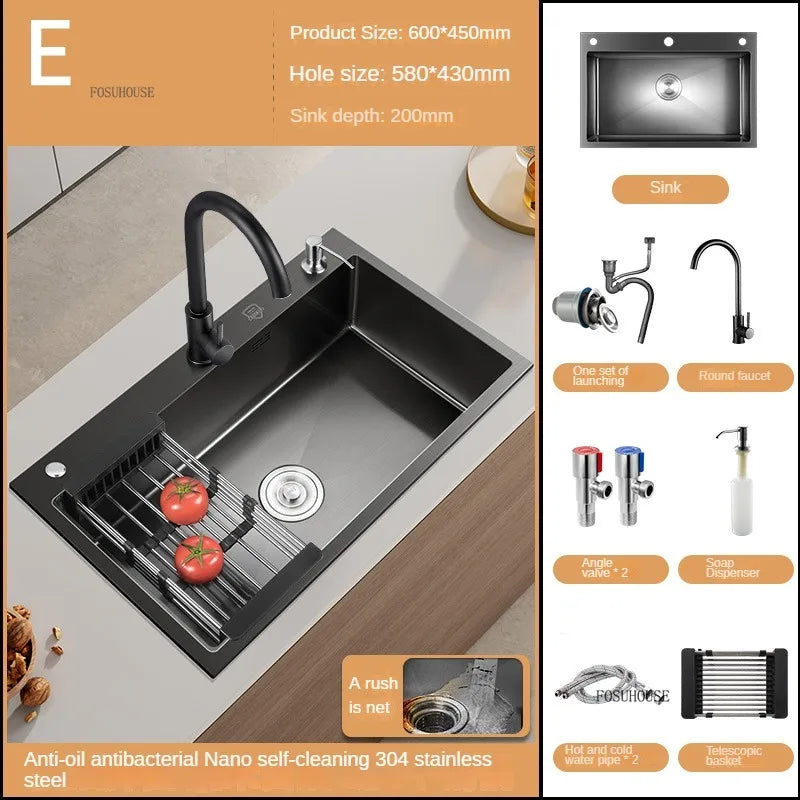 German Nano Sinks for Apartments Black Metal Three-hole Drain Kitchen Sink Light Luxury Household Kitchen Sink for Rental Houses