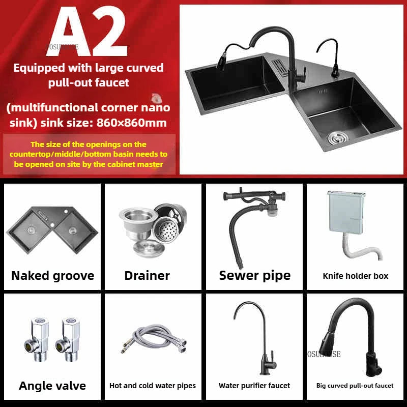 Stainless Steel Corner Kitchen Sinks L-shaped Large Corner Dishwashing Basin Handmade Double-slot Dishwashing Sink for Kitchen X