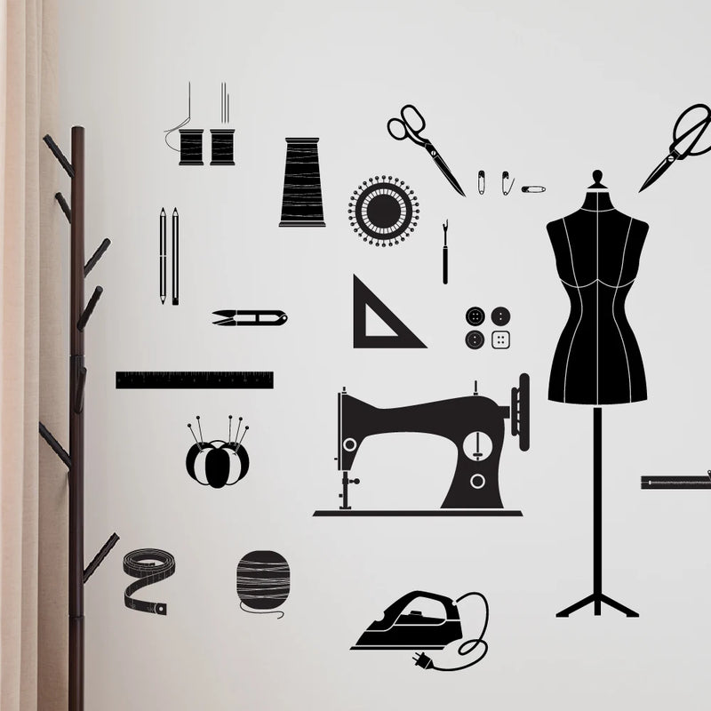 Creative sewing tools sticker for living room tailor's shop decoration self adhesive wall art decal