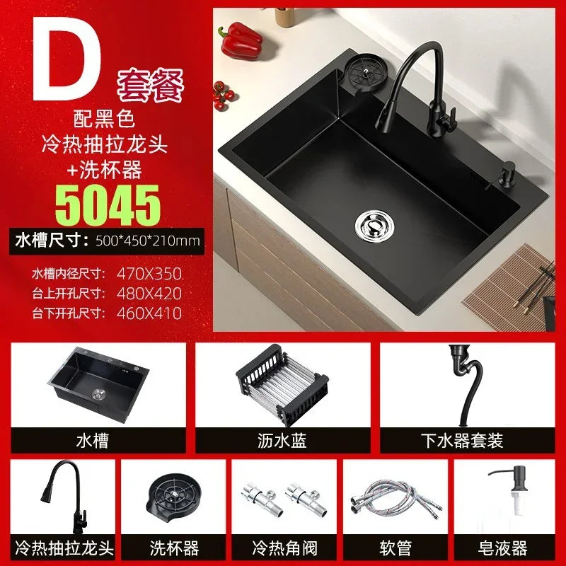 Stainless Steel Kitchen Sinks Black Nano Large Single Tank Countertop Basin Home Kitchen Vegetable Sink 304 Thickened Wash Basin
