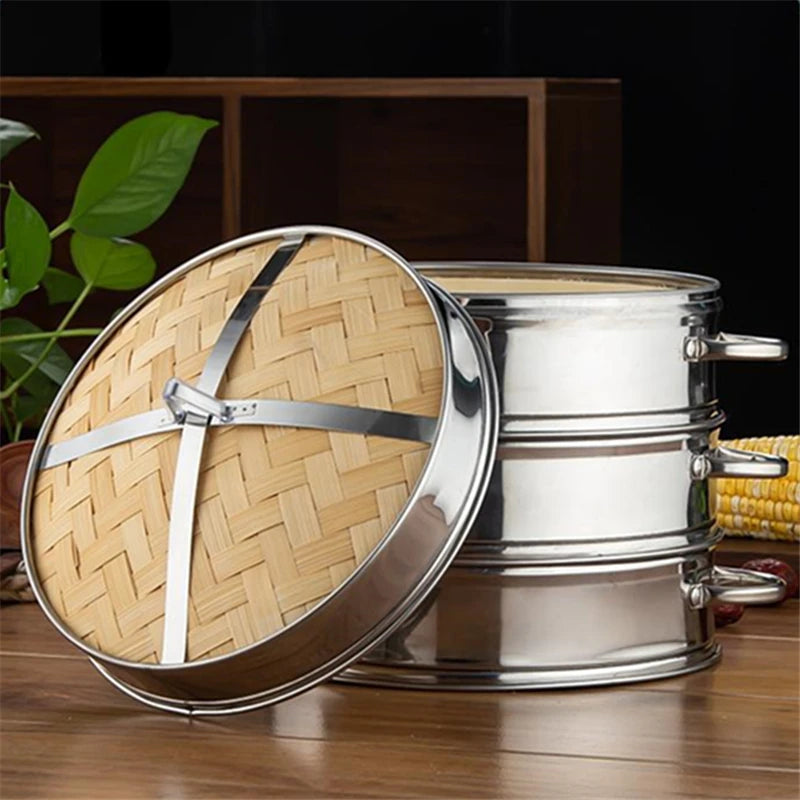 Stainless Steel Bamboo Steamer with Lid Rice Cooker Food Steaming Grid Basket for Dumpling Kitchen Steam Pot Cooking Accessories