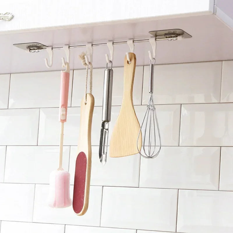 Stainless Steel Wall Hanging Rod 6 Hook Self-adhesive Wall Rack Bathroom Kitchen Rack Storage Free Punching and Strong Suction