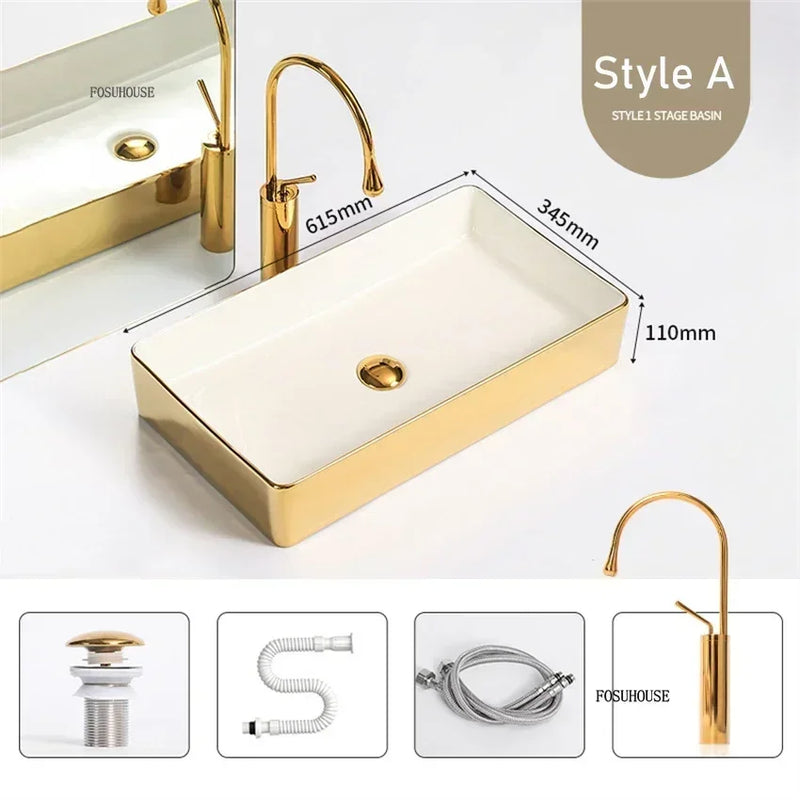 Luxury Gold Ceramic Tabletop Bathroom Sinks Home Hotel European Minimalist Household Washbasin Square Bathroom Wash Basins d