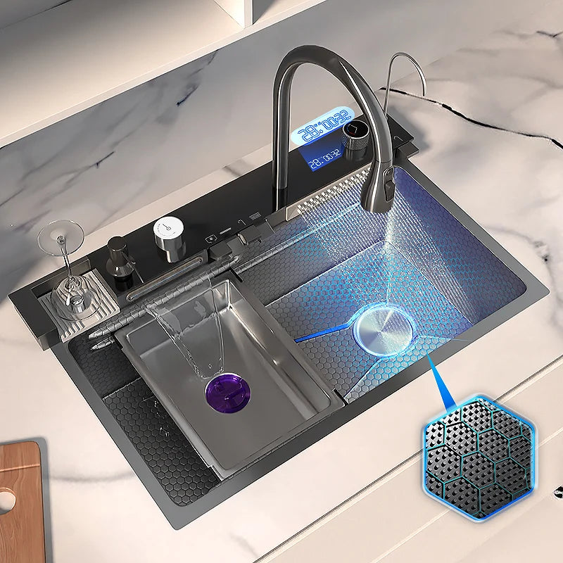 Waterfall Sink Stainless Steel Kitchen Sink Embossed Large Single Slot Ambient light Digital Display Faucet Set Soap Dispenser