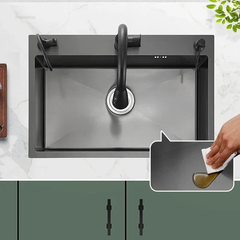 Stainless Steel Kitchen Sinks Black Nano Large Single Tank Countertop Basin Home Kitchen Vegetable Sink 304 Thickened Wash Basin