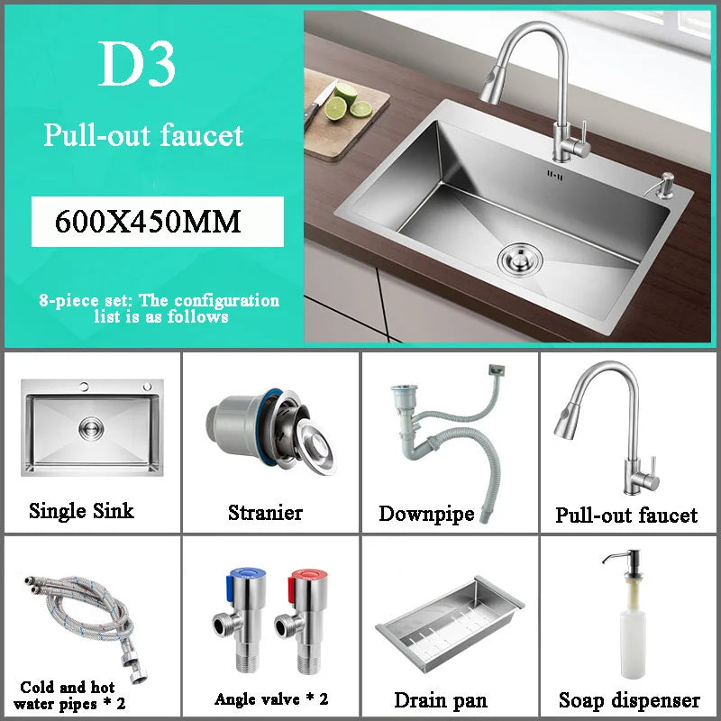 Stainless Steel Kitchen Sink Farmhouse Above Counter Undermounter Single Bowel Wash Basin With Gourmet Faucet Drain Accessories