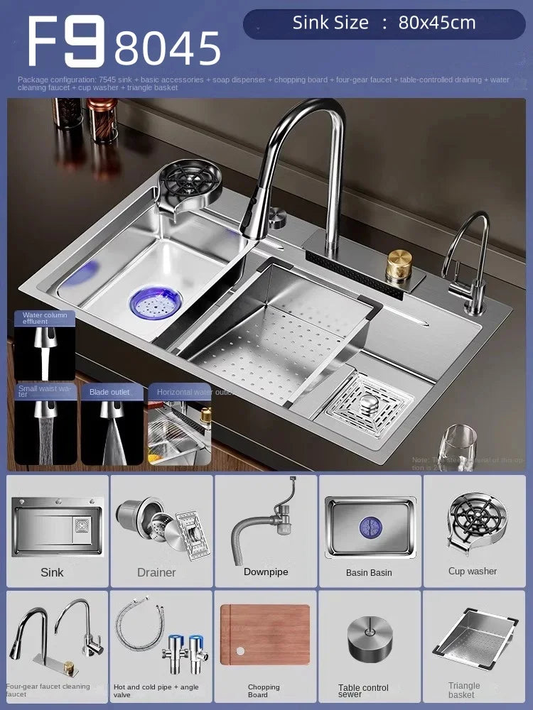 Nano 304 Stainless Steel Sink Waterfall Large Single Slot Kitchen Sink Vegetable Stainless Steel Household Sink