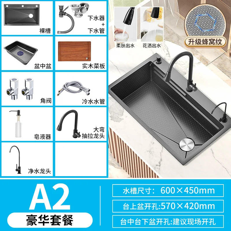 Honeycomb Embossed 304 Stainless Steel Sink, Kitchen Sink 304 Large Single Sink, Thickened Vegetable Basin, Dishwasher