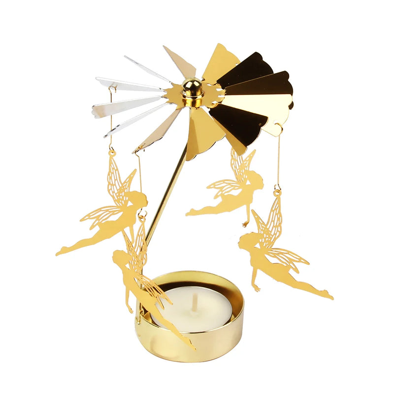 Golden Rotating Candle Holder Romantic Metal Tealight Candle Holder for Christmas Home Decoration Dinner Wedding Bar Party