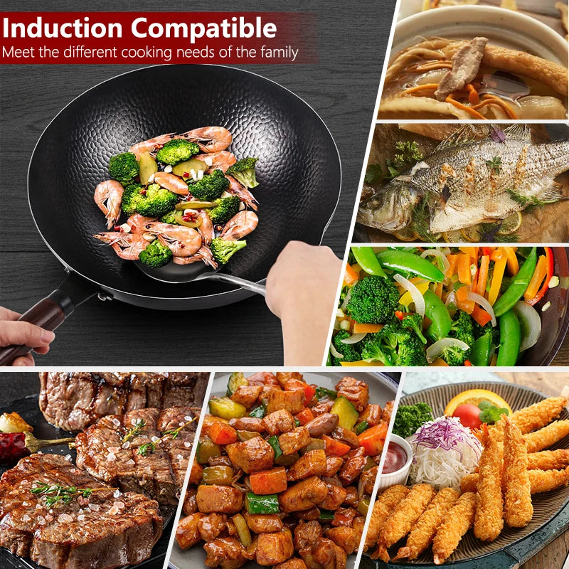 32cm Carbon Steel Wok Woks & Stir Fry Pans Wok Pan with Lid No Chemical Coated Flat Bottom Wok for Electric Induction Gas Stoves