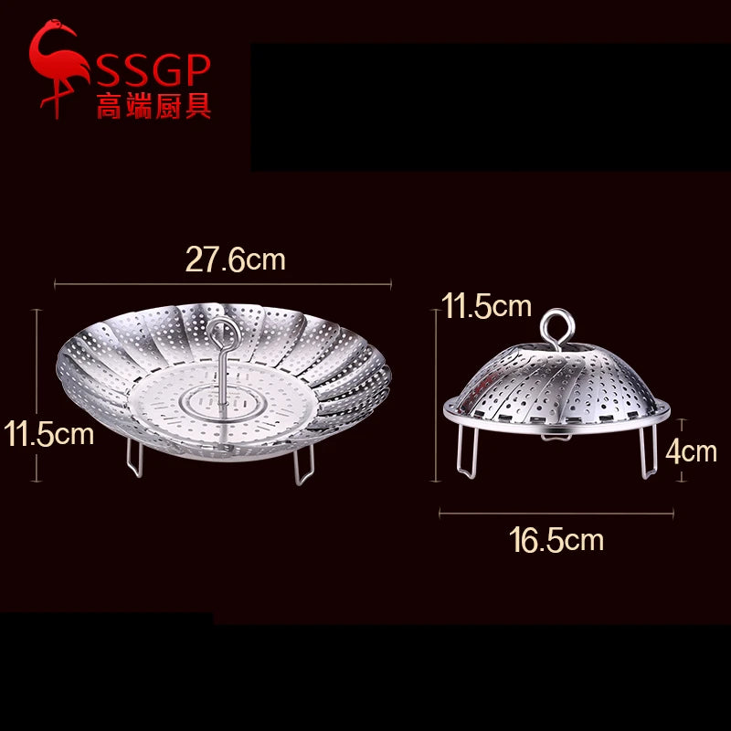 LFGB Certificate 304 Stainless Baozi Steamer Foldable Food Steaming Tray with 4cm Height Rack and 3mm Holes Detachable Handle
