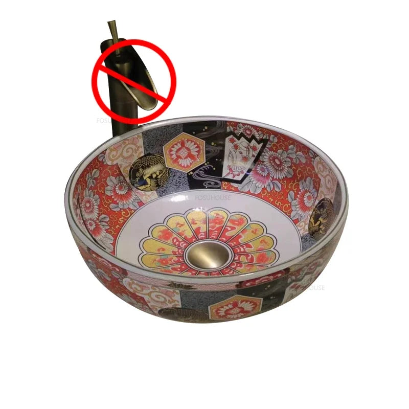 American Art Bathroom Sinks European Ceramic Wash Basin Retro Home Round Single Basin Balcony Toilet Creative Hand Painted Basin