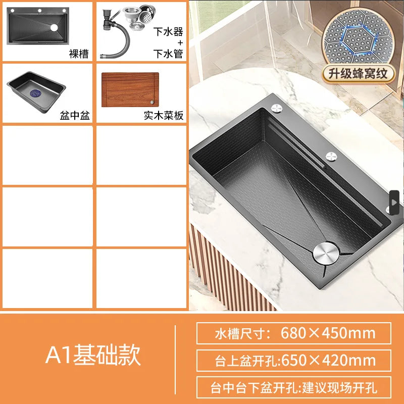Honeycomb Embossed 304 Stainless Steel Sink, Kitchen Sink 304 Large Single Sink, Thickened Vegetable Basin, Dishwasher