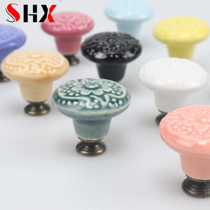 Colorful Floral Ceramic Handle Cabinet Door Solid Wood Furniture Wardrobe Handle Single-hole Drawer Hardware