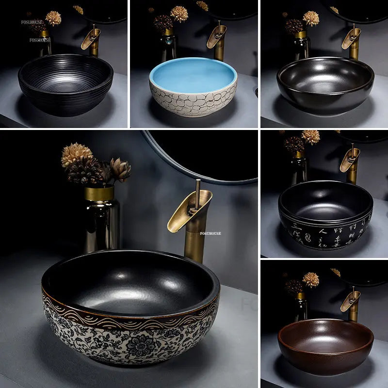 European Retro Bathroom Sinks Ceramic Home Bathroom Washbasins Countertop Basin Small Size Washing Sink Round Single Wash Basin