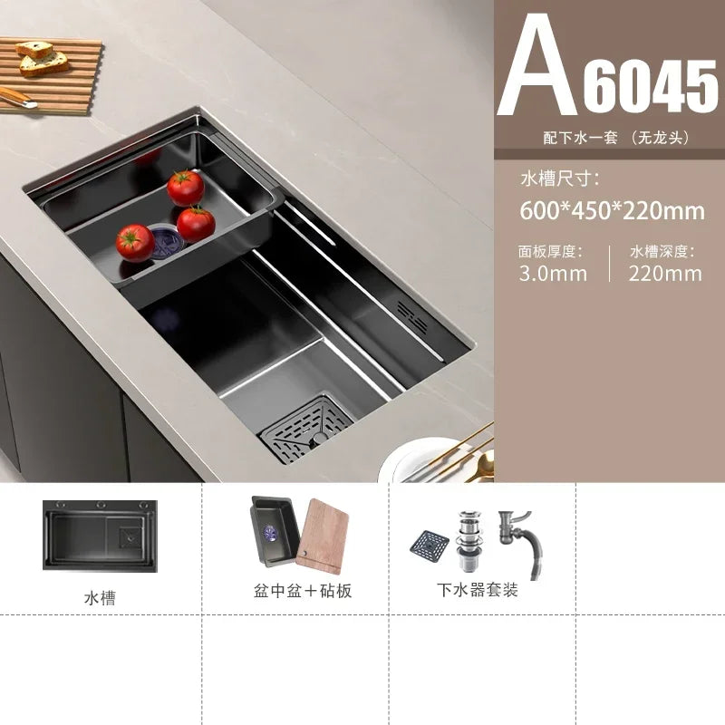 Stainless Steel Kitchen Sinks Black Nano Large Single Tank Countertop Basin Home Kitchen Vegetable Sink 304 Thickened Wash Basin
