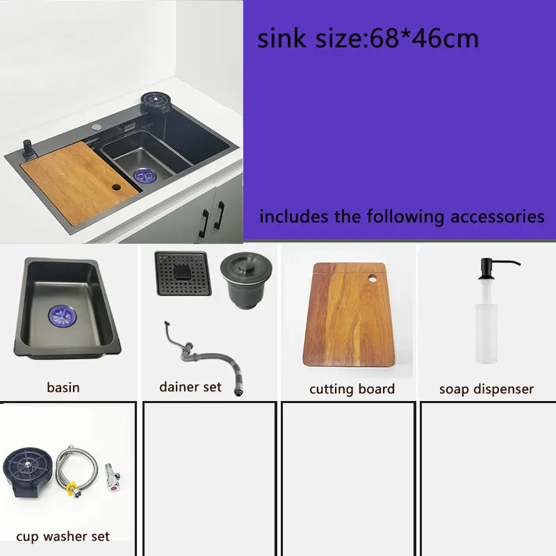 Matte Black Nano Kitchen Sink Above Mount Washing Basin with chopping board 304 Stainless Steel Single black kitchen sink