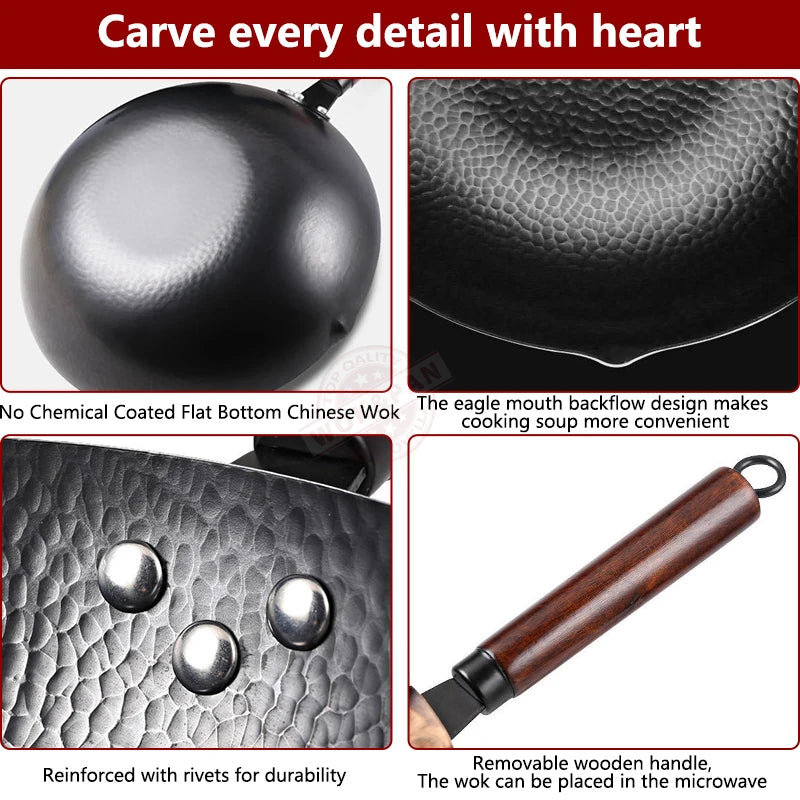 32cm Carbon Steel Wok Woks & Stir Fry Pans Wok Pan with Lid No Chemical Coated Flat Bottom Wok for Electric Induction Gas Stoves