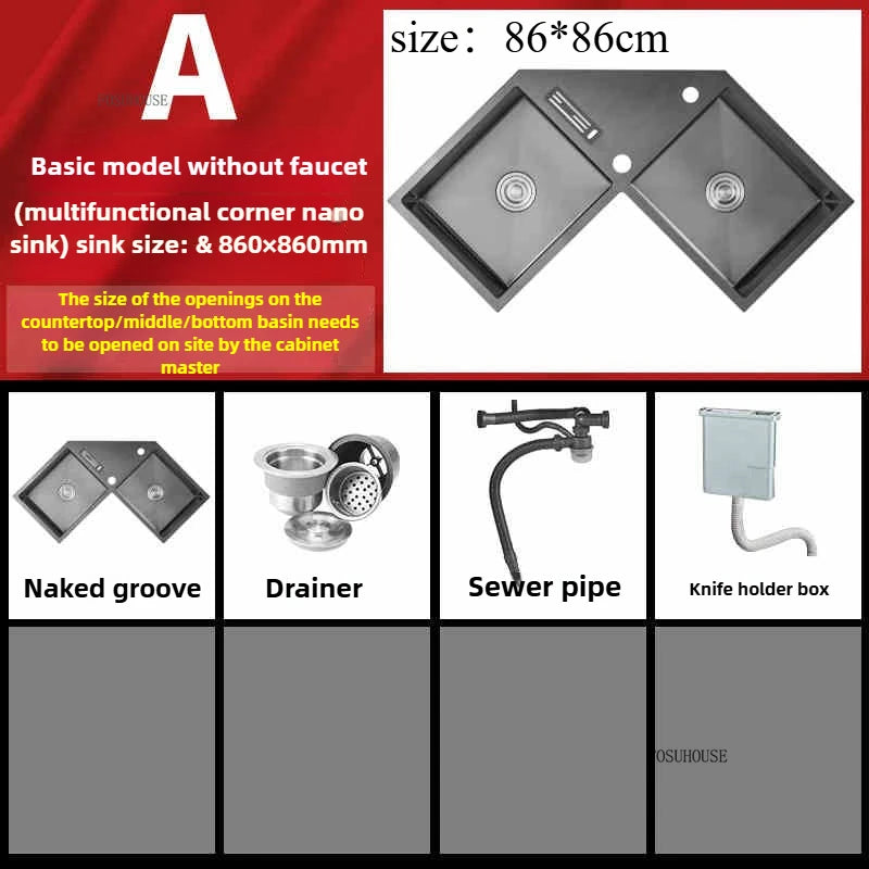 Stainless Steel Corner Kitchen Sinks L-shaped Large Corner Dishwashing Basin Handmade Double-slot Dishwashing Sink for Kitchen X