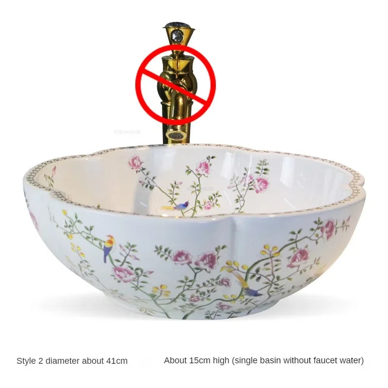 Luxury Hand-painted Bathroom Sinks Special-shaped Above Counter Basin Ceramic Wash Basin Designer Home Kitchen Art Single Basin