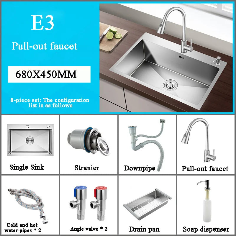 Stainless Steel Kitchen Sink Farmhouse Above Counter Undermounter Single Bowel Wash Basin With Gourmet Faucet Drain Accessories
