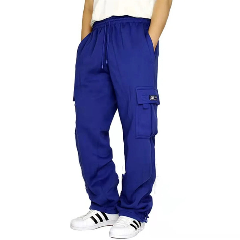 Autumn And Winter New Men Plus Thin Fleece Bunched Feet Tooling Casual Side Pocket Sports Fashion Straight Plus Size Pants