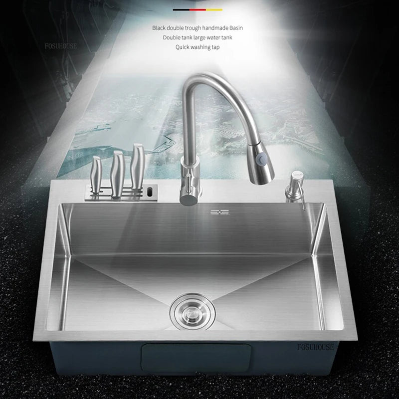 Modern Stainless Steel Kitchen Sinks for Restaurant Thickened Brushed Single-bowl Sink Minimalist Commercial Sinks for Kitchen