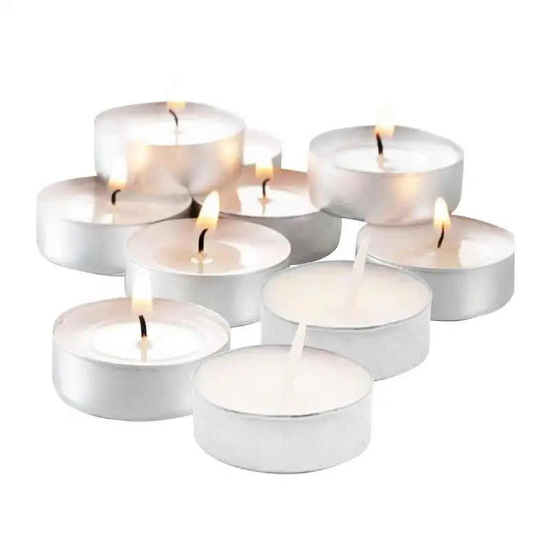 Box of 10 Scentless Smokeless Tealight Candles with 2.5 Hours of Extended Burn Time White 10 Count Birthday Party Decorations
