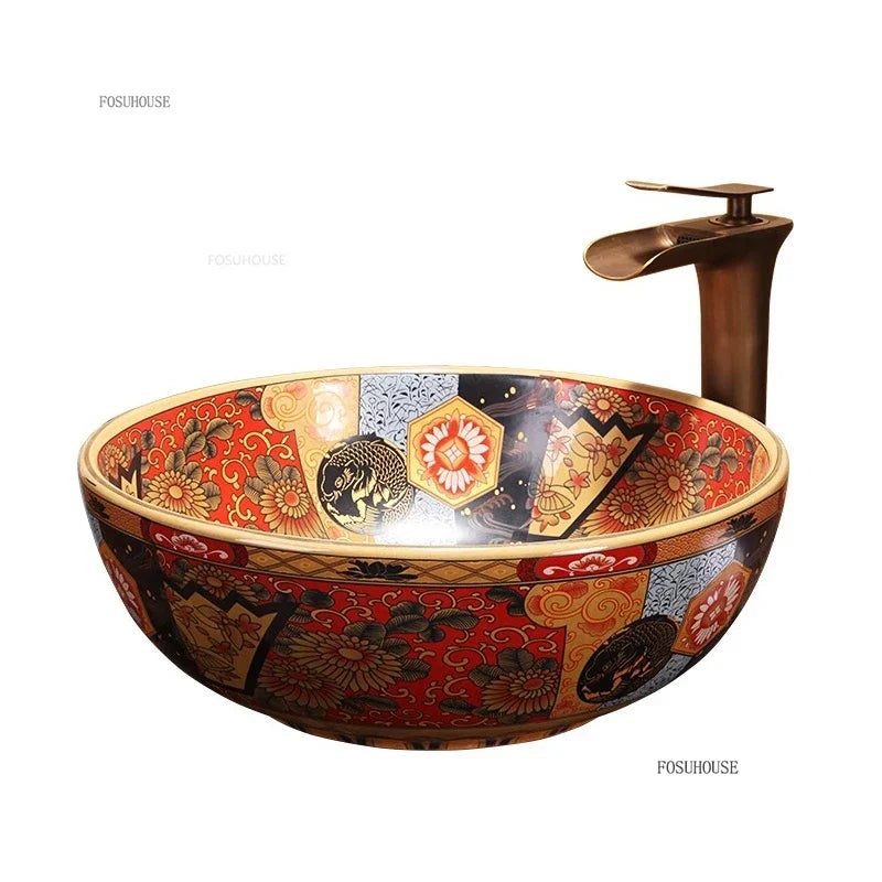American Art Bathroom Sinks European Ceramic Wash Basin Retro Home Round Single Basin Balcony Toilet Creative Hand Painted Basin