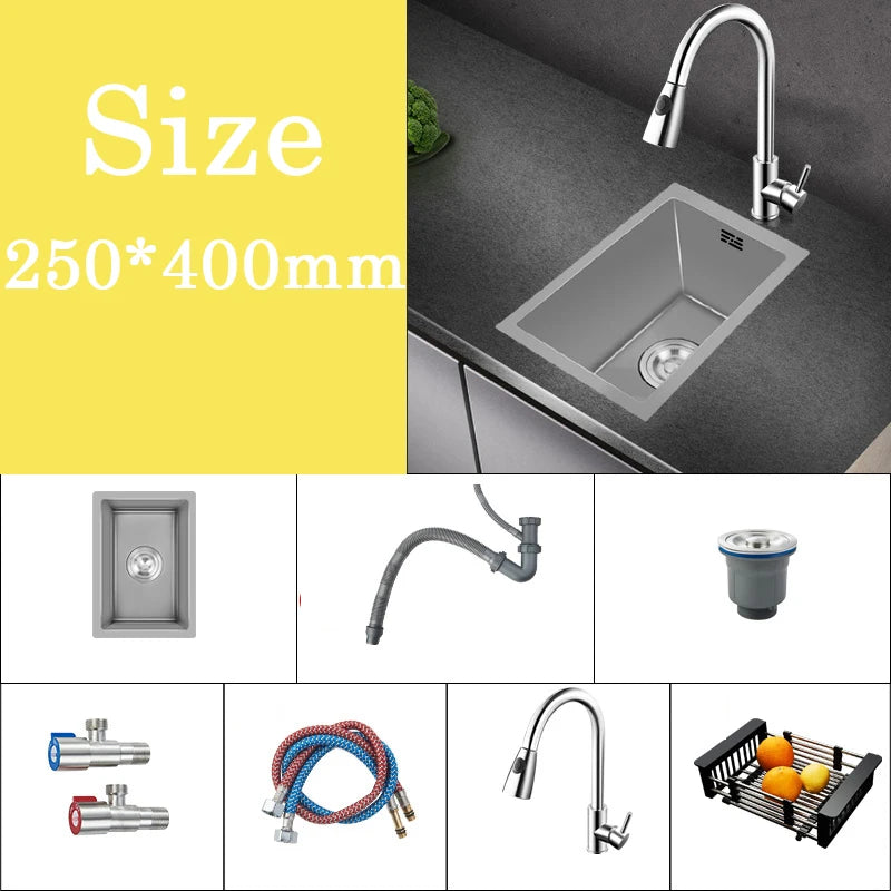 Small Gray Kitchen Sink Above Counter or Undermount 304 Stainless Steel Single Bowl Washing Basin Drain Accessories for Kitchen
