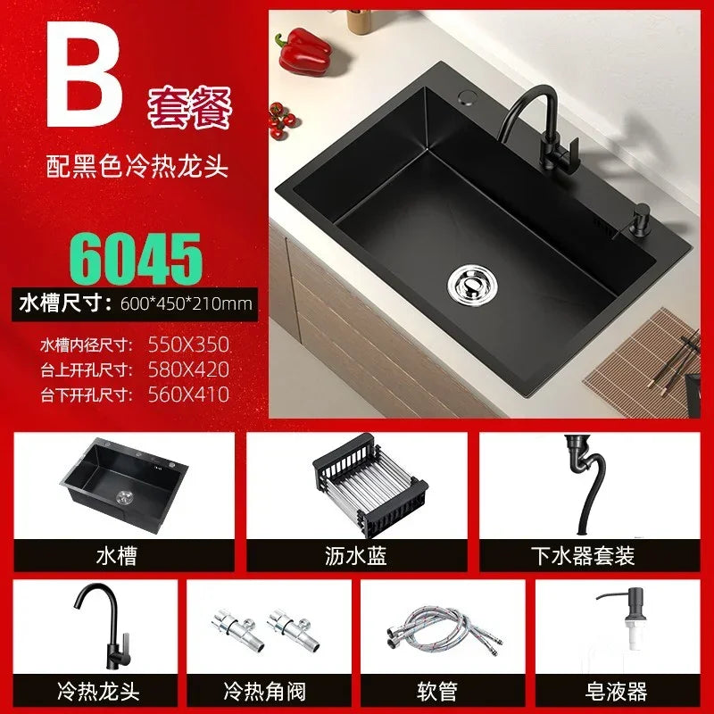 Stainless Steel Kitchen Sinks Black Nano Large Single Tank Countertop Basin Home Kitchen Vegetable Sink 304 Thickened Wash Basin