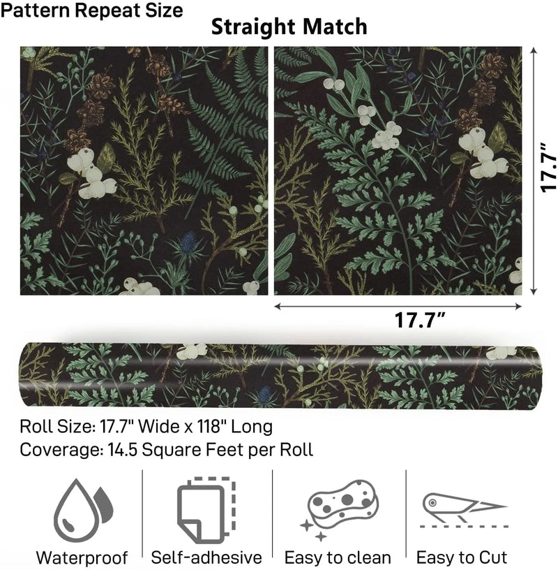 Tropical Moss Leaf Peel and Stick Wallpaper Black Floral Self Adhesive Removable Floral Contact Paper for Bedroom Walls Cabinets